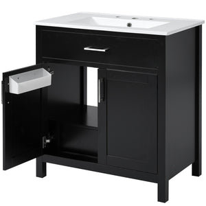English Elm 30-Inch Contemporary Bathroom Vanity With Ceramic Sink & Smart Storage For Small Spaces WF530809AAB
