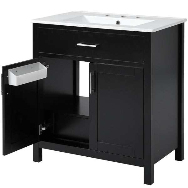 English Elm 30-Inch Contemporary Bathroom Vanity With Ceramic Sink & Smart Storage For Small Spaces WF530809AAB