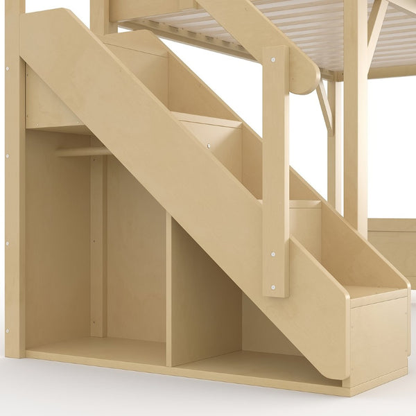 English Elm Twin Low Loft Bed Solid Pine Frame Kids Study Desk Blackboard Storage White Natural W1580S00547