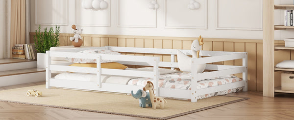 English Elm Twin Montessori Pine Floor Bed with Full Fence Rails for Kids Cozy Bedroom W1820P398987