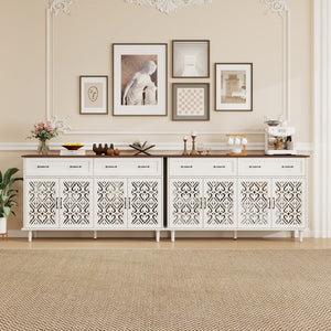 English Elm Vintage Farmhouse Sideboard with Hand-carved Doors Two-tone Distressed Wood Finish W688P360028
