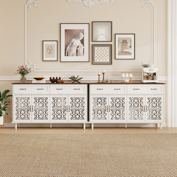 English Elm Vintage Farmhouse Sideboard with Hand-carved Doors Two-tone Distressed Wood Finish W688P360028