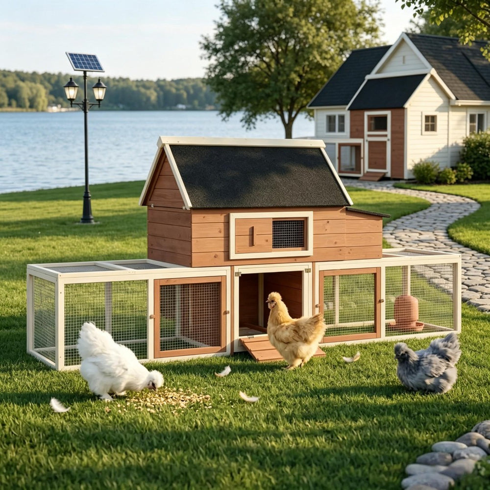 English Elm Wooden Fir Backyard Hen House with Dual Runs Nesting Box and Three Layout Options T3971S00227