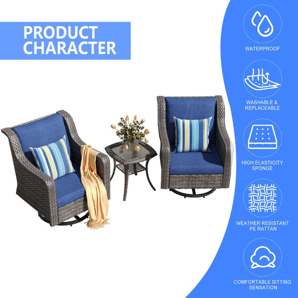 English Elm Jb Outdoor Swivel Rocker Chair Set with Pe Rattan Weave and Tempered Glass Side Table T5925S00008