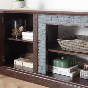 English Elm 70" Modern TV Stand with Faux Stone Top, Spacious 2-Door Media Console with Cable Management and Adjustable Shelves, Vintage Metal Handles, Durable MDF Construction for Living Room Entertainment (Fits up to 75") Cherry W2275P342689