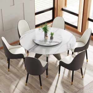 English Elm 59.05" Round Marble Dining Table With Silver Base, Durable Artificial Stone, Seats 6-8, Turntable Included W1535S00396