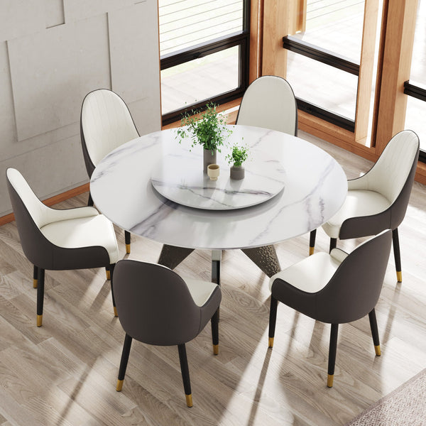 English Elm 59.05" Round Marble Dining Table With Silver Base, Durable Artificial Stone, Seats 6-8, Turntable Included W1535S00396