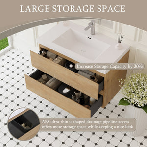 English Elm 36" Floating Wall Mounted Bathroom Vanity with Resin Basin and Soft Close Drawers Oak W1573P152698
