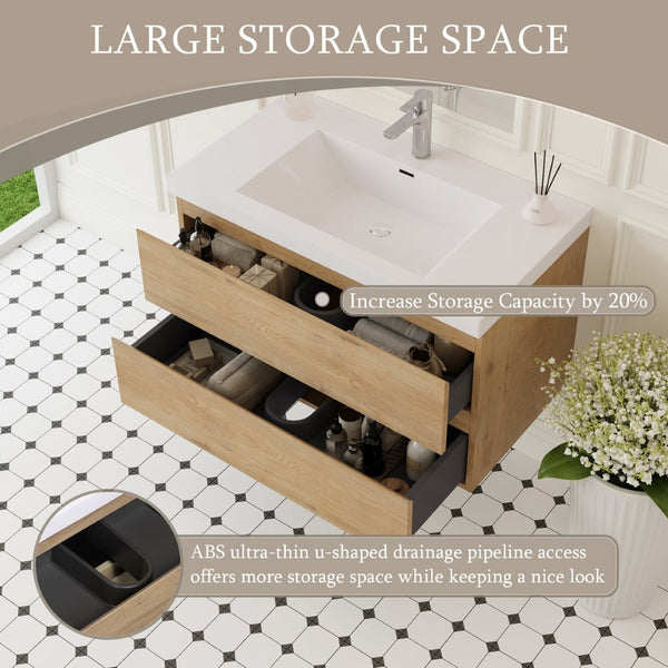 English Elm 36" Floating Wall Mounted Bathroom Vanity with Resin Basin and Soft Close Drawers Oak W1573P152698