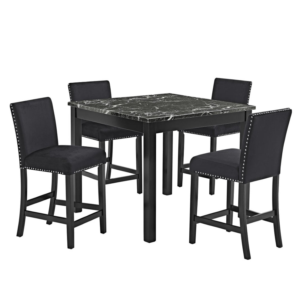 English Elm 5pc Counter Height Dining Set Square Marble Top Tufted Velvet Chairs Black Frame B011P446661
