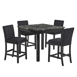English Elm 5pc Counter Height Dining Set Square Marble Top Tufted Velvet Chairs Black Frame B011P446661