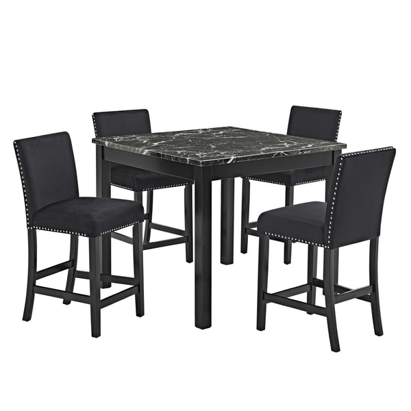 English Elm 5pc Counter Height Dining Set Square Marble Top Tufted Velvet Chairs Black Frame B011P446661