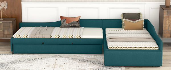 English Elm Upholstered Twin Daybed with Pull Out Trundle Linen Blend Sofa Style Studio Bed Green GX001316AAF