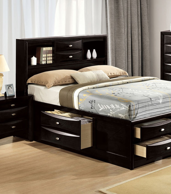 English Elm Contemporary King Size Bed With Under-Bed Drawers & Headboard Bookcase In Sleek Black Finish B2741S00558