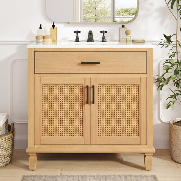 English Elm Christopher Knight Home® - 36" Rattan Bathroom Vanity with Ceramic Sink and Soft-Close Drawers, Handwoven Door Texture, Solid Wood Legs, Spacious Storage Elegance Natural N817P271077N