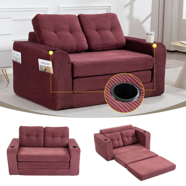 English Elm Convertible Floor Sofa Bed with Memory Foam and Ribbed Corduroy for Small Spaces Wine Red W395P438031