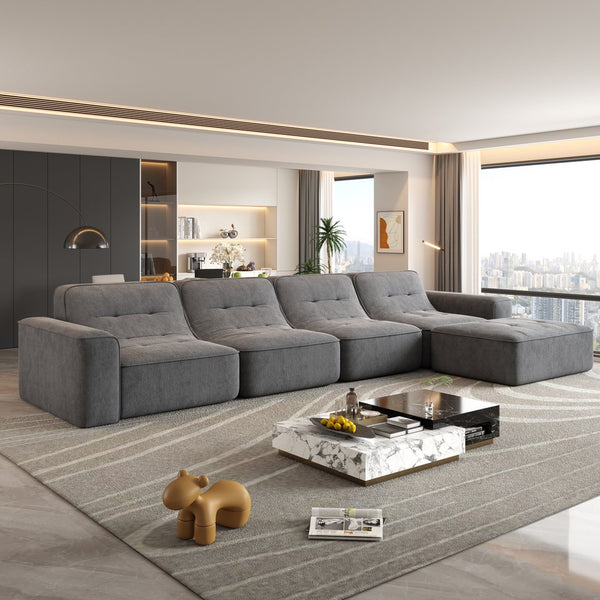 English Elm 143.7" Modern Modular Sectional Sofa Set with Removable Ottoman, Tufted Sparkling Chenille, Deep Seat Comfort Grey W3219S00003