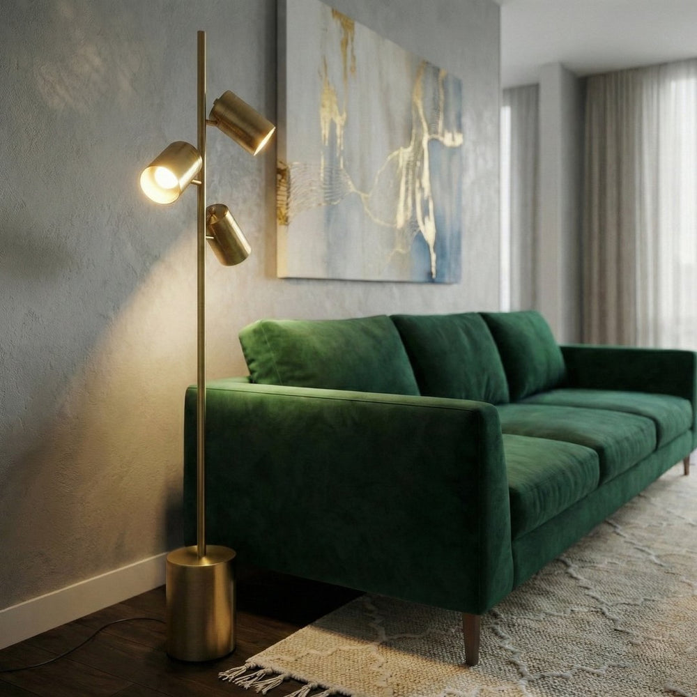 English Elm Harmony Triple Spot Floor Lamp Brassed Gold Metal Base for Living Room Ambiance B183P230915