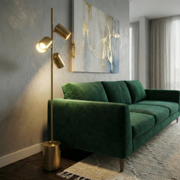 English Elm Harmony Triple Spot Floor Lamp Brassed Gold Metal Base for Living Room Ambiance B183P230915