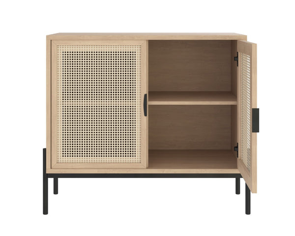 Sunpan AVIDA Handcrafted Compact Sideboard - Black Rustic Oak & Natural Rattan for Modern Storage Solutions 110947