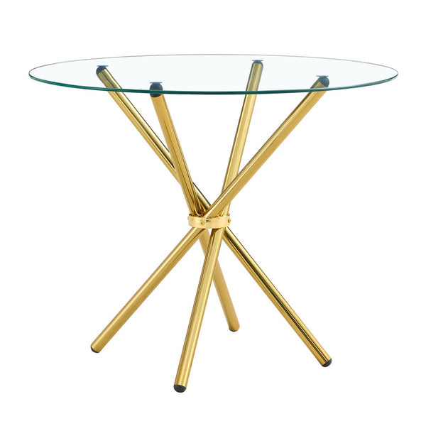English Elm A Round Tempered Glass Dining Table with Sculptural Black Metal Legs for Modern Spaces W1151P411358