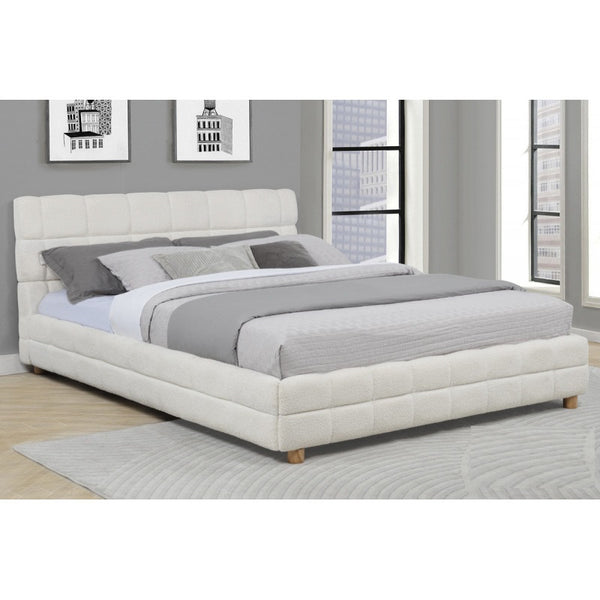 English Elm Modern Upholstered Bed Queen Platform Frame with Plush Grid Jute Fabric, Low-Profile Eco Chic Design White 84 L x 11 W x 9 H B011S01859