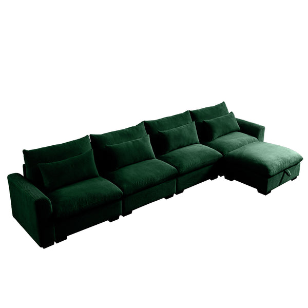 English Elm Large L Shape Sectional Corduroy Sofa with Deep Seats, Storage Ottoman, Ergonomic Support, Modular Comfort for Living Room Green W714S00673
