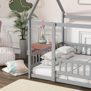 English Elm Full Size House Bed Frame With Roof, Safety Guardrails, Grey Finish - Perfect For Kids' Room Fun! W504P286407