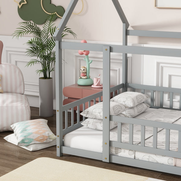 English Elm Full Size House Bed Frame With Roof, Safety Guardrails, Grey Finish - Perfect For Kids' Room Fun! W504P286407