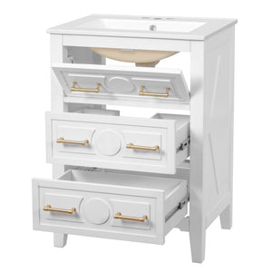 English Elm 24'' Bathroom Vanity with Ceramic Sink and 3 Drawers Retro Solid Wood Frame Freestanding Storage White N710P371184K