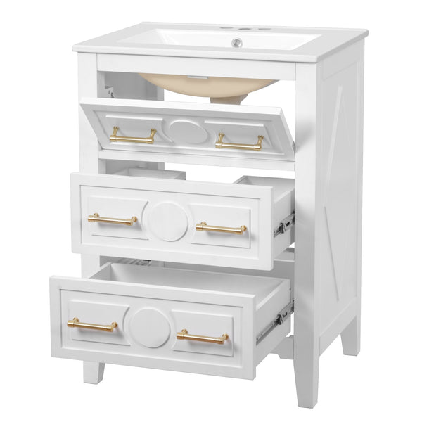 English Elm 24'' Bathroom Vanity with Ceramic Sink and 3 Drawers Retro Solid Wood Frame Freestanding Storage White N710P371184K