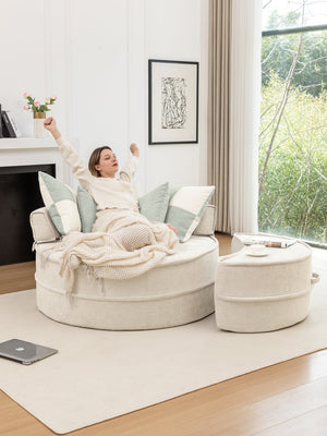 English Elm Oversized Round Accent Barrel Chair with Ottoman, Cloud-Like Chenille Comfort, No-Sag Support, Extra-Spacious Seating Beige W1170P283146