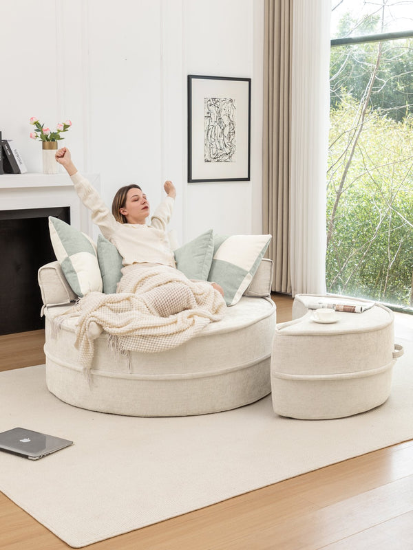 English Elm Oversized Round Accent Barrel Chair with Ottoman, Cloud-Like Chenille Comfort, No-Sag Support, Extra-Spacious Seating Beige W1170P283146