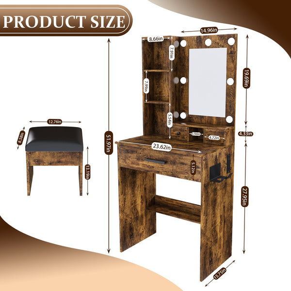 English Elm Vanity compact dressing desk with LED mirror, 3-color dimmable lights, drawers, stool, outlet Vintage W2699P345802