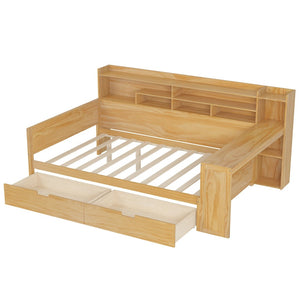 English Elm Wooden Twin Daybed with Trundle Built-in Desk and Open Shelves for Kids Rooms Natural N733S373385M