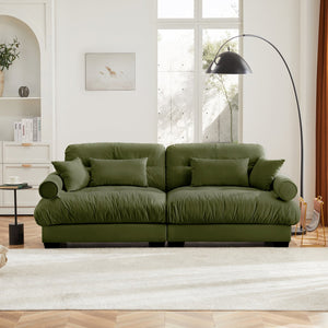 English Elm Large Velvet Two-Seater Sofa with Bolstered Armrests, Deep Cloud Seat, Waist & Throw Pillows, Chic Olive Green W714S01104