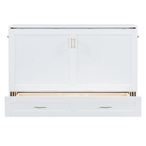 English Elm Queen Murphy Wall Bed Cabinet with Storage Drawer Built-in Power Outlets Usb Ports White LP000400AAK