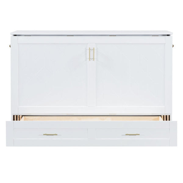 English Elm Queen Murphy Wall Bed Cabinet with Storage Drawer Built-in Power Outlets Usb Ports White LP000400AAK