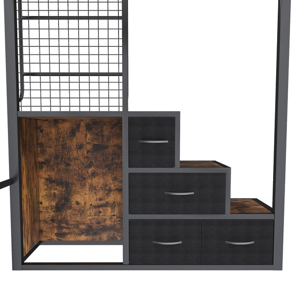 English Elm Full Loft Bed with Desk, 4 Cabinets & Staircase Storage — Metal Frame, Built-In USB/Outlets, Space-Saver Black W2700S00061