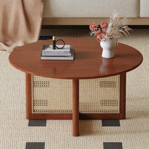 English Elm A Natural and Elegant Deep Red Wooden Coffee Table With Artificial Rattan Decorations, Perfect For A Fashionable Living Room and Comfortable Tea Drinking Time