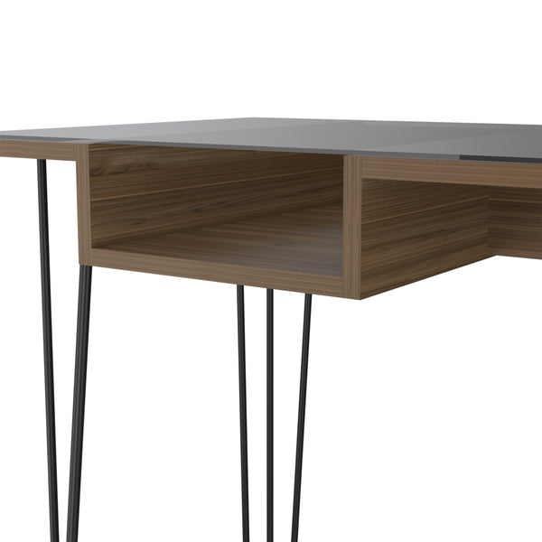 English Elm Kyoto 140 Writing Desk Brown with Glass Top & Haipin Metal Legs, Industrial Shelf Storage Solution B128S00167