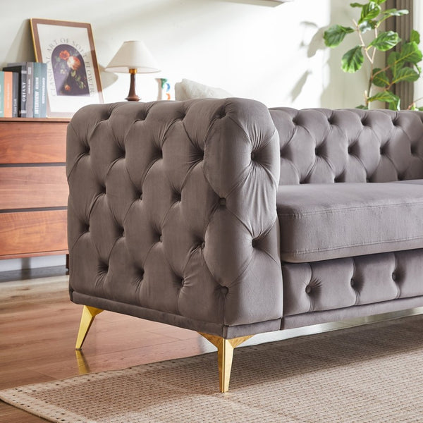 English Elm Fx Chesterfield Velvet Sofa with Diamond Tufting Polished Legs and Accent Pillows W1926S00090