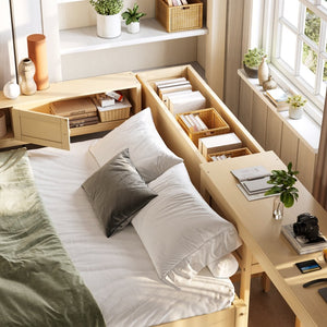 English Elm Twin Daybed Pine Frame with Trundle Desk Hutch Shelves and Storage for Kids Rooms Gold W1580S00463
