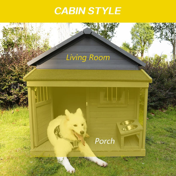 English Elm Large Breed Outdoor Doghouse Solid Fir Wood Covered Porch Weatherproof Asphalt Roof W1431S00004