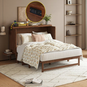 English Elm Queen Murphy Cabinet Bed Solid Pine Build with Usb Charging and Fold Out Desktop Walnut W504S00169