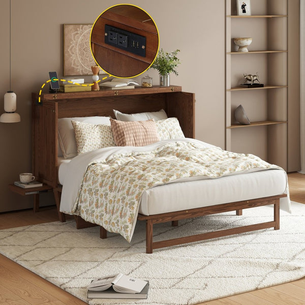 English Elm Queen Murphy Cabinet Bed Solid Pine Build with Usb Charging and Fold Out Desktop Walnut W504S00169