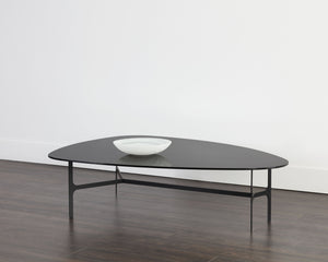 Sunpan Kiernan Coffee Table - Stylish Mid-Century Design with Curved Black Glass Top & Matte Metal Frame
