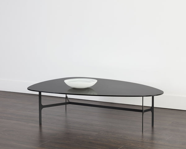 Sunpan Kiernan Coffee Table - Stylish Mid-Century Design with Curved Black Glass Top & Matte Metal Frame