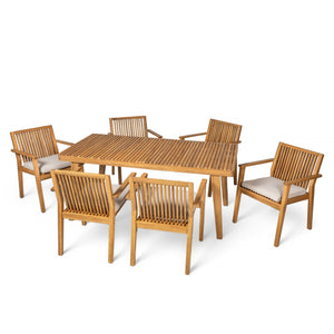 English Elm Christopher Knight Home® - Durable 7-Piece Patio Dining Set With Acacia Wood Table & 6 Heavy-Duty Cushioned Chairs, Natural Finish N779P234497N-3_N779P234500N