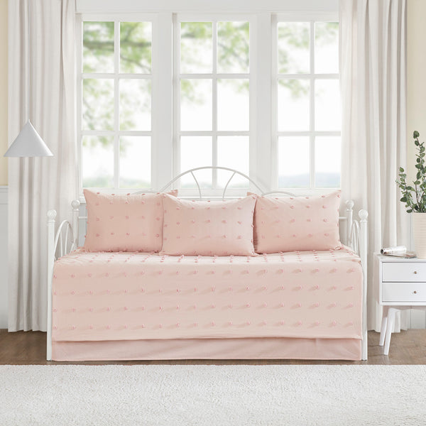 JLA Home Urban Habitat - Cotton Twin Daybed Cover Set with Tufted Chenille Dots, OEKO-TEX Certified, Shabby Chic Layered Look Pink UH13-2208